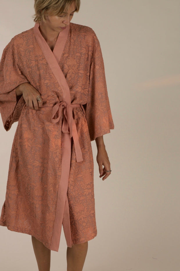 TUSSER SILK PEACH EMBROIDERED KIMONO ZOLA - sustainably made MOMO NEW YORK sustainable clothing, slow fashion