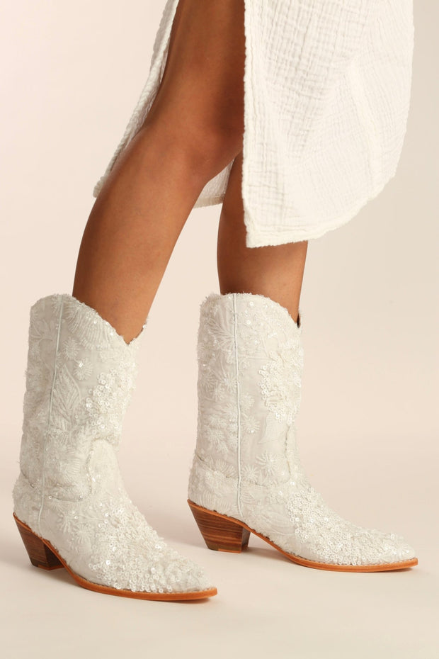 WHITE EMBROIDERED SEQUIN WEDDING BOOTS ODE - sustainably made MOMO NEW YORK sustainable clothing, boots slow fashion