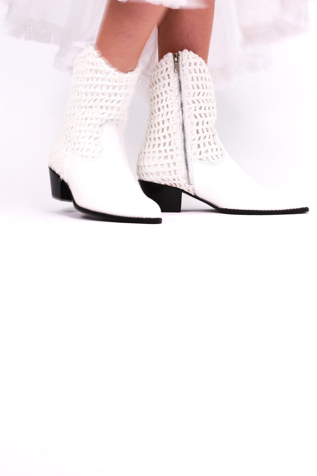 WHITE HAND CROCHET LEATHER ANKLE BOOTS NENNA - sustainably made MOMO NEW YORK sustainable clothing, boots slow fashion