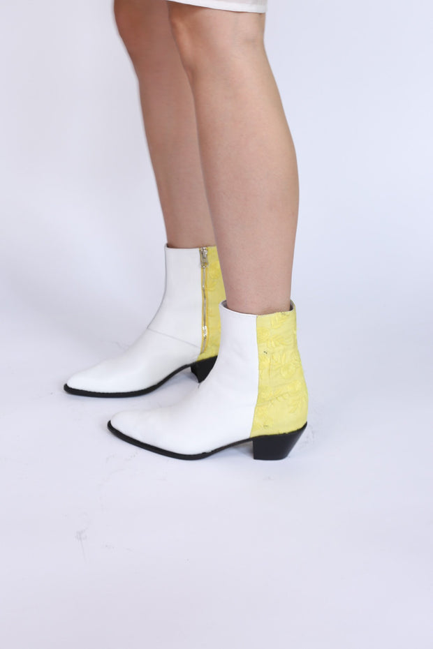 WHITE LEATHER YELLOW EMBROIDERED FABRIC BOOTS AGNETHA - sustainably made MOMO NEW YORK sustainable clothing, boots slow fashion