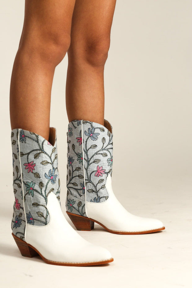 WHITE LIGHT BLUE EMBROIDERED BOOTS LISA - sustainably made MOMO NEW YORK sustainable clothing, slow fashion