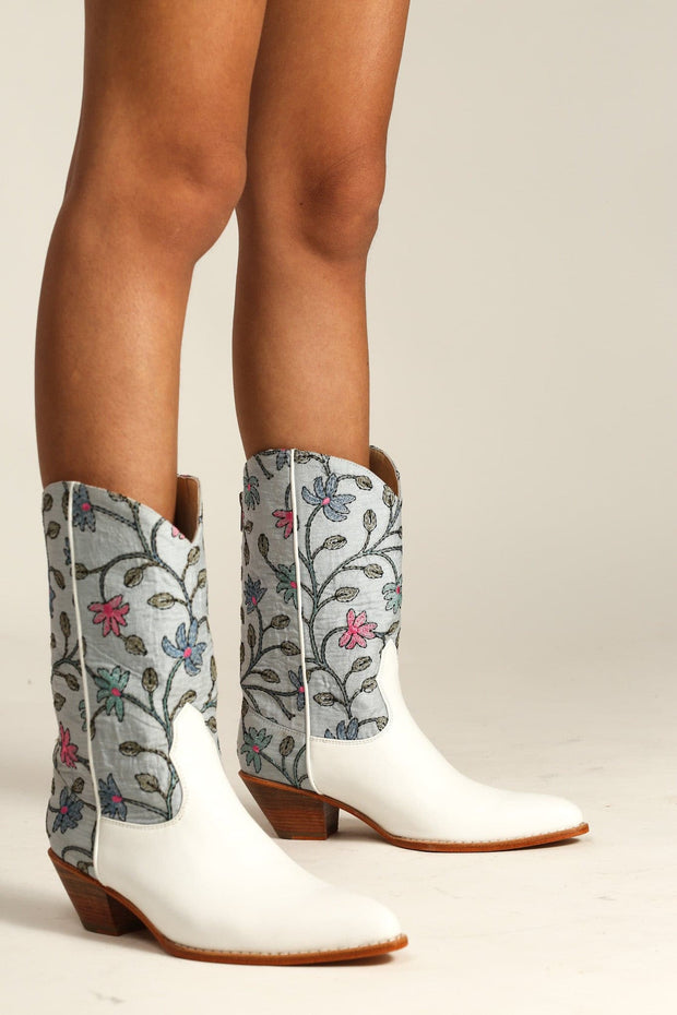 WHITE LIGHT BLUE EMBROIDERED BOOTS LISA - sustainably made MOMO NEW YORK sustainable clothing, slow fashion