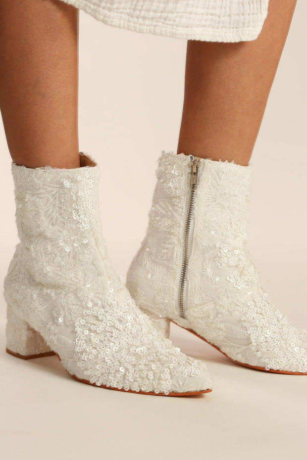 WHITE SEQUIN EMBROIDERED WEDDING BOOTS ODECIA - sustainably made MOMO NEW YORK sustainable clothing, boots slow fashion