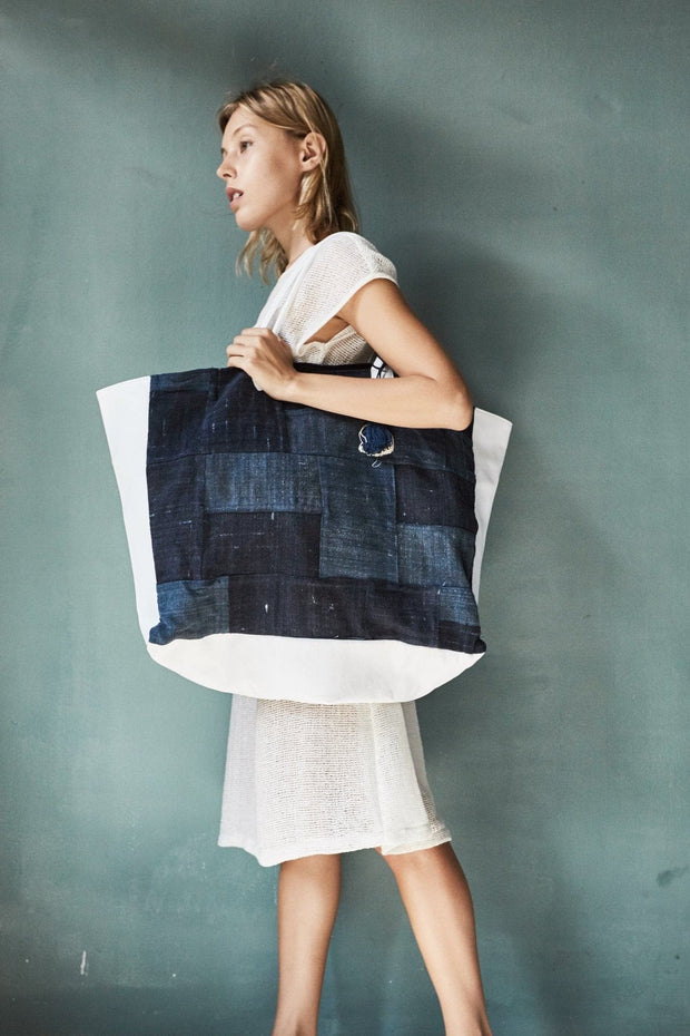 XXL INDIGO PATCHWORK BAG DANNY - sustainably made MOMO NEW YORK sustainable clothing, samplesale1022 slow fashion