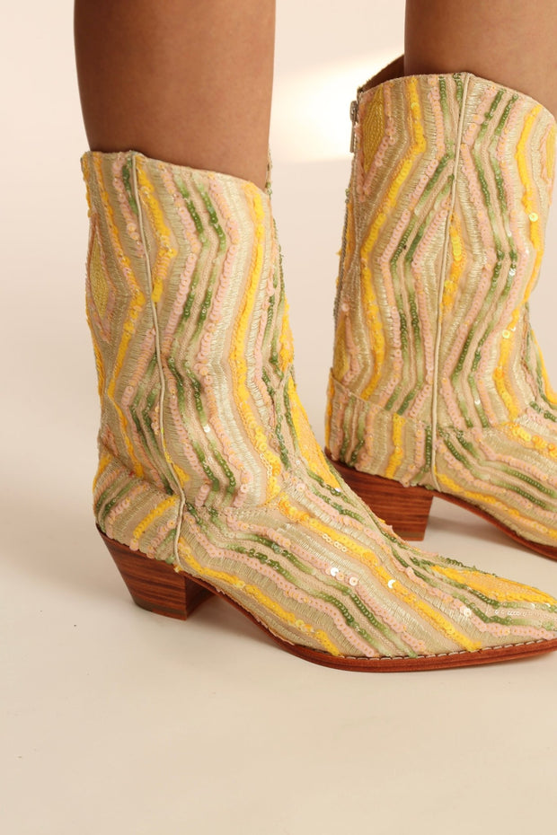 YELLOW WESTERN SEQUIN EMBROIDERED BOOTS SILK MADELAIN - sustainably made MOMO NEW YORK sustainable clothing, boots slow fashion